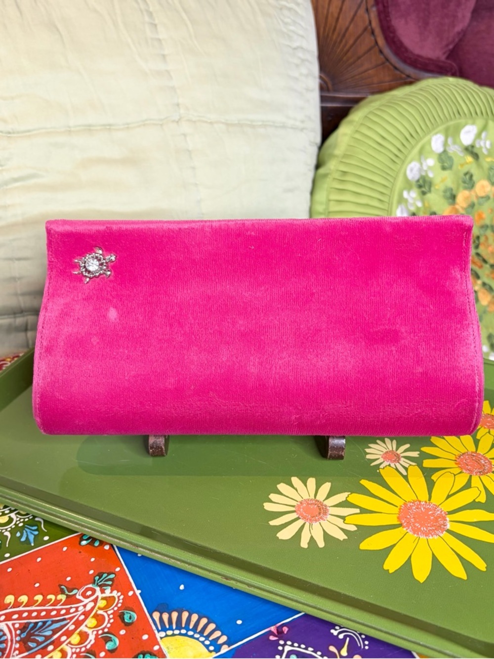 60s Pink Velvet Clutch with Rhinestone Turtle